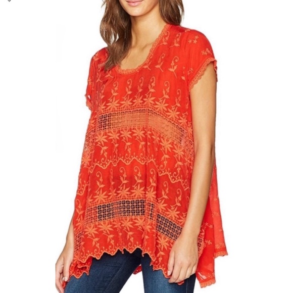 Johnny Was Tops - Johnny Was Lilano Georgette Tunic Embroidered Crochet Short Sleeve Top